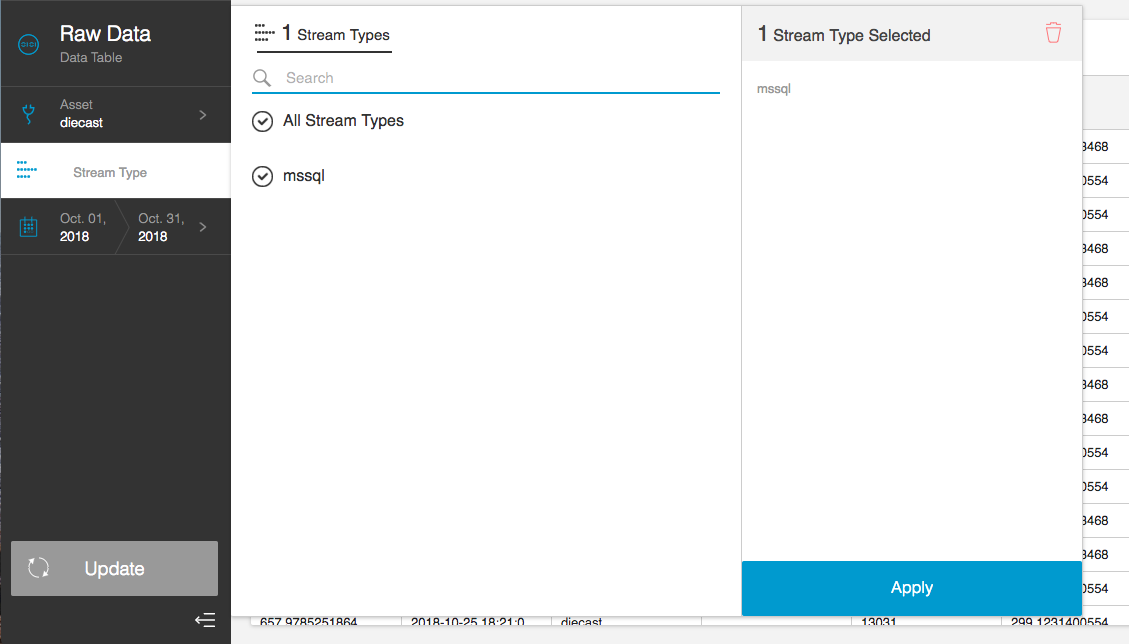 Raw Data Table stream types for the diecast asset