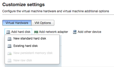 Dropdown menu to add a disk to a virtual machine