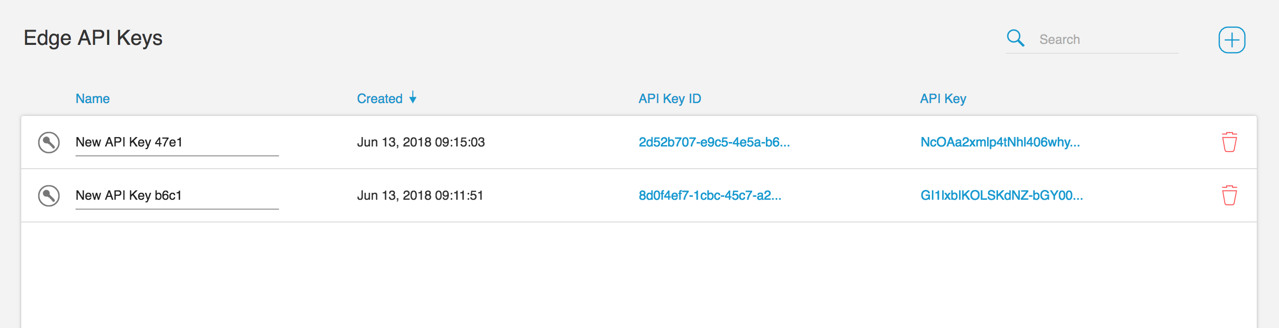 Table of API keys for Edge devices