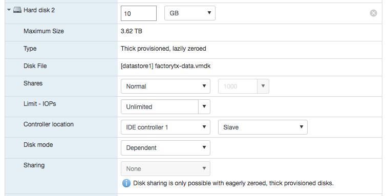 Settings for the FactoryTX data disk