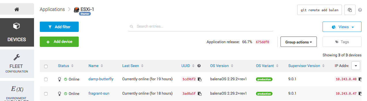 Balena dashboard with devices configured