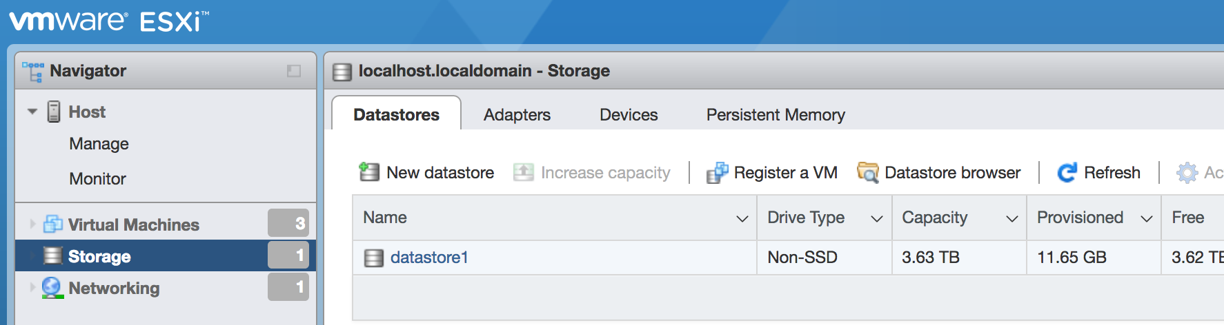 Datastore menu in the VMWare web client