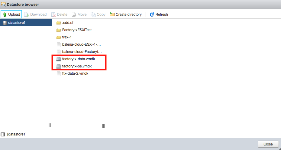 Datastore browser with the uploaded VMDK files displayed