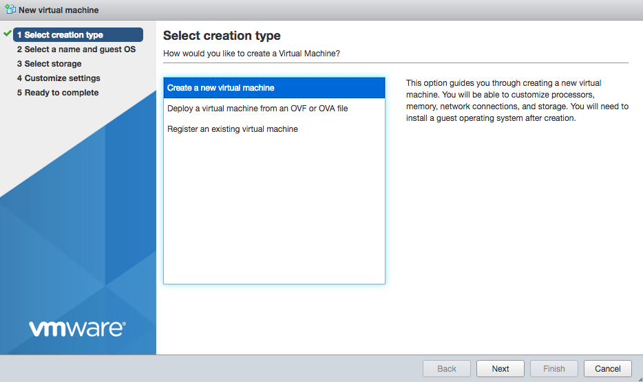 Window to select creation type for new virtual machine