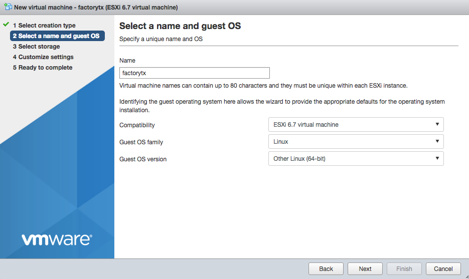 Window to select OS family and version for new virtual machine