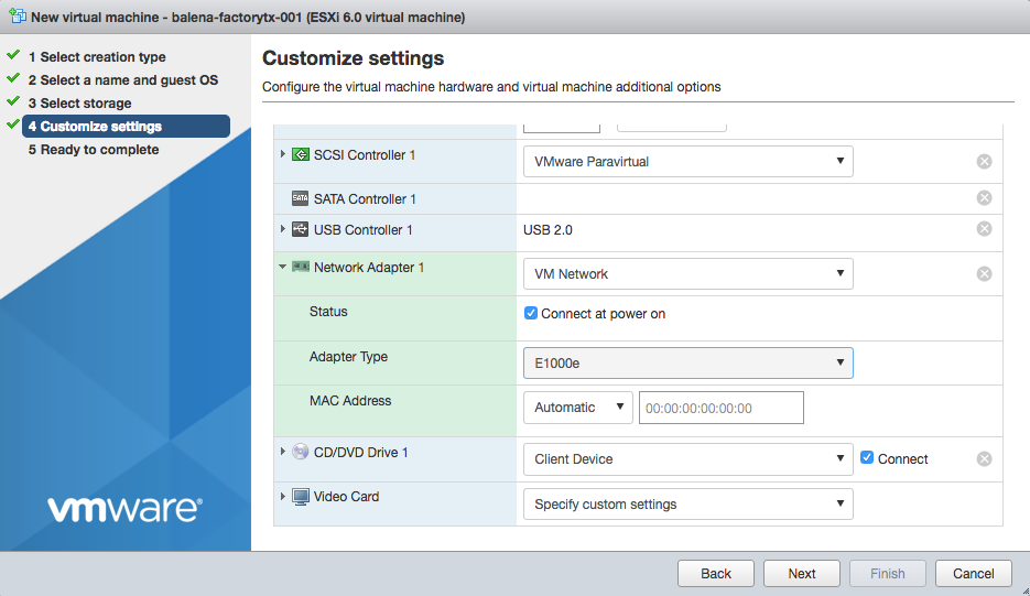 Network settings for the new VM