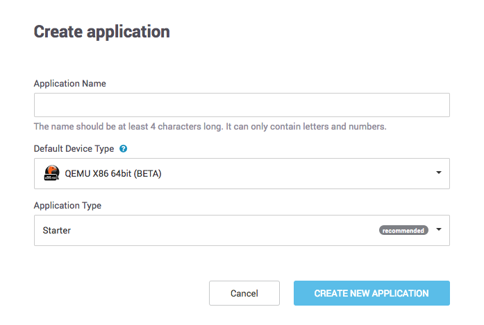 Balena create application window
